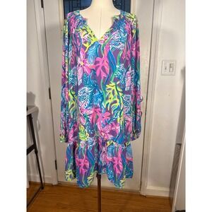 Lilly Pulitzer Purple Tropical Floral Smocked V-Neck Ruffle Hem Swing Dress XL